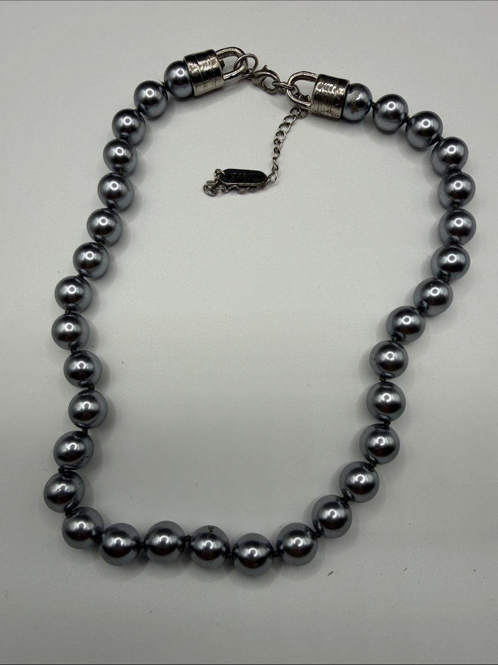 Kissaka Gunmetal Gray Faux Pearl Statement Necklace Signed